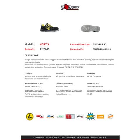 Scarpe antinfortunistiche in pelle scamosciata Vortix S1P SRC ESD giallo-nere U-Power N° 44 - RI20666-44